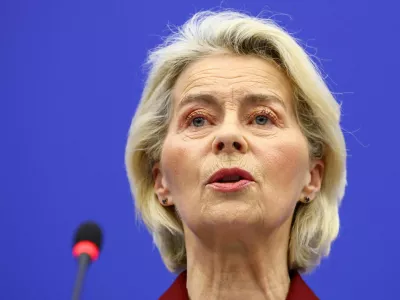 European Commission President Ursula von der Leyen attends a press conference with Executive Vice-President of the European Commission for Technological Sovereignty, Security, and Democracy Henna Virkkunen (not pictured) to present the EU Kids Act, in Strasbourg, France September 17, 2026. REUTERS/Yves Herman