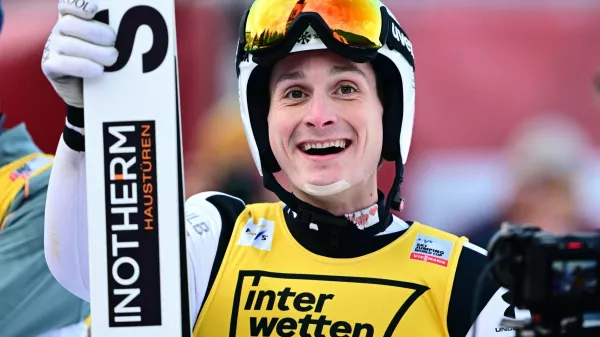 Ski Jumping - FIS Ski Jumping World Cup - Kulm, Tauplitz, Austria - March 1, 2026 Slovenia's Domen Prevc celebrates after winning the men's individual hs235 REUTERS/Christian Bruna