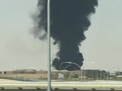 Large plume of black smoke rises from the fuel storage area at King Khalid International Airport, in Riyadh, Saudi Arabia, September 19, 2026. Picture taken with a mobile phone. REUTERS/Stringer