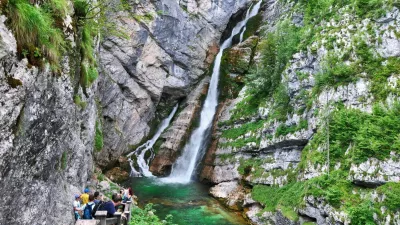 SAVICA WATERFALL, SLOVENIA - AUGUST 03, 2016:Savica waterfall (78 meters height) is one of the most famous and popular waterfalls in Slovenia,near Bohinj in Triglav National Park, Slovenia