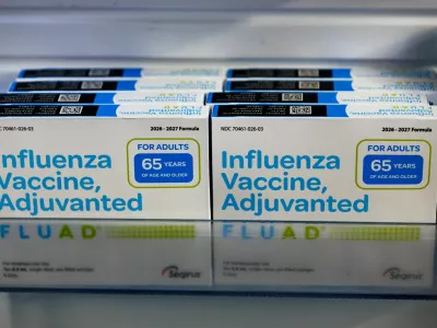 An illustration photo shows a box of FLUAD TRIVALENT (Influenza Vaccine, Adjuvanted) vaccines taken in Schwenksville, Pennsylvania, US September 18, 2026. REUTERS/Hannah Beier
