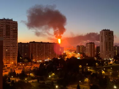 Flame and smoke is seen rising from Moscow's oil refinery in the south east of the city following a largescale Ukrainian drone attack, Sunday, Sept. 20, 2026. (UGC via AP)