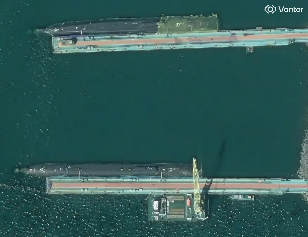 Putin's Borei-class nuclear submarines shielded by anti-drone nets at Rybachiy base on Kamchatka 4,600 miles from Ukraine front line amid fears of surprise strike,Image: 1099095952, License: Rights-managed, Restrictions: ***HANDOUT image or SOCIAL MEDIA IMAGE or FILMSTILL for EDITORIAL USE ONLY! * Please note: Fees charged by Profimedia are for the Profimedia's services only, and do not, nor are they intended to, convey to the user any ownership of Copyright or License in the material. Profimedia does not claim any ownership including but not limited to Copyright or License in the attached material. By publishing this material you (the user) expressly agree to indemnify and to hold Profimedia and its directors, shareholders and employees harmless from any loss, claims, damages, demands, expenses (including legal fees), or any causes of action or allegation against Profimedia arising out of or connected in any way with publication of the material. Profimedia does not claim any copyright or license in the attached materials. Any downloading fees charged by Profimedia are for Profimedia's services only. * Handling Fee Only ***, Model Release: no 
