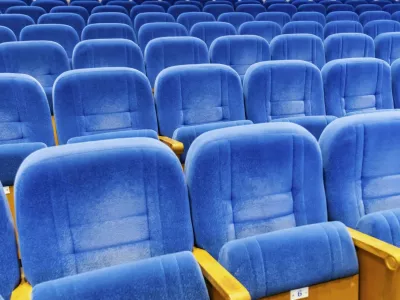 Rows of empty blue velvet seat in theater. Concept of social distancing and waiting for event start. Modern auditorium interior for cinema, conference, lecture and performance show,Image: 1129819509, License: Royalty-free, Restrictions:, Model Release: no 