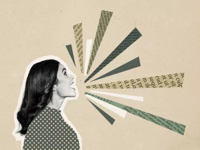 Composite photo collage of excited girl speech text lines communication wonder concept phrase isolated on painted background. / Foto: Deagreez Getty Images