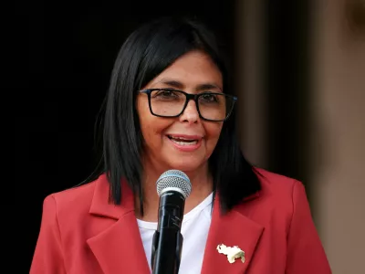 FILE PHOTO: Venezuela's interim President Delcy Rodriguez speaks as she meets with U.S. Interior Secretary Doug Burgum (not pictured), in Caracas, Venezuela, March 4, 2026. REUTERS/Leonardo Fernandez Viloria/File Photo