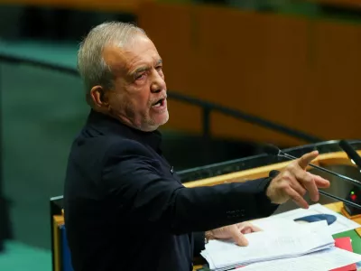 Iran's President Masoud Pezeshkian addresses the 81st United Nations General Assembly (UNGA) at UN headquarters in New York City, US, September 23, 2026. REUTERS/MIKE SEGAR