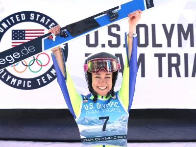 PARK CITY, UT - DECEMBER 31: Sarah Hendrickson celebrates on the medals podium after winning the U.S. Womens Ski Jumping Olympic Trials on December 31, 2017 at Utah Olympic Park in Park City, Utah. Matthew Stockman,Image: 358955761, License: Rights-managed, Restrictions:, Model Release: no 