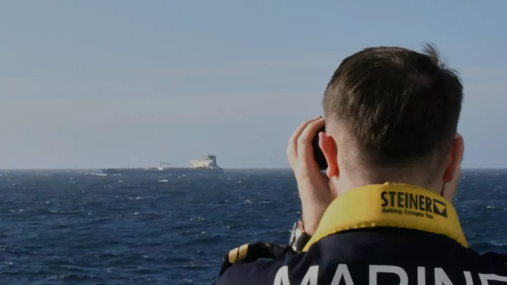 In this photo, provided by the French Army on Thursday, Jan 22, 2026, France's Navy, working with intelligence provided by the United Kingdom, on Thursday intercepted an oil tanker in the Mediterranean Sea that traveled from Russia, in a mission targeting the sanctioned Russian shadow fleet, officials said. (Etat-Major des Armees via AP)