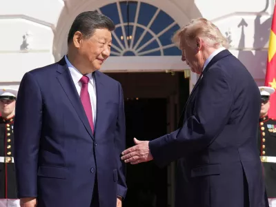 President Donald Trump, right, greets China's President Xi Jinping upon arrival at the South Portico of the White House, Friday, Sept. 25, 2026, in Washington. (AP Photo/Jacquelyn Martin)