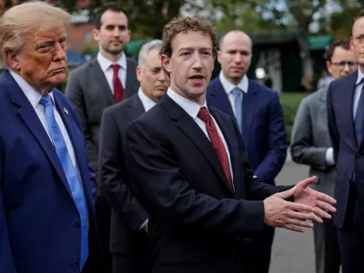 Meta CEO Mark Zuckerberg gestures, flanked by US President Donald Trump, as they speak to the press at the White House driveway following a luncheon for tech leaders in the East Room, in Washington, D.C., US, September 29, 2026. REUTERS/Jonathan Ernst