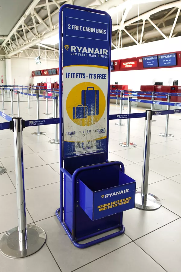 Box to measure the size of hand Luggage into the cabin of the airline ryanair. Milan, Italy
