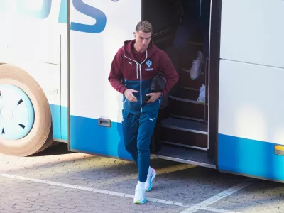 Portugal's Cristiano Ronaldo arrives for training in Copenhagen, Denmark, Wednesday, Sept. 30, 2026, ahead of their Nations League soccer match against Denmark. (Liselotte Sabroe/Ritzau Scanpix via AP)