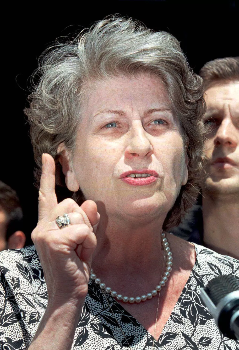 Bosnian Serb President Biljana Plavsic speaks to supporters gathered in Banja Luka, 200 kilometers (120 miles) north of Sarajevo Friday, July 4, 1997. Thursday, Plavsic dissolved the Bosnian Serb Parliament dominated by supporters of former leader Radovan Karadzic. (AP Photo/Srdjan Ilic)