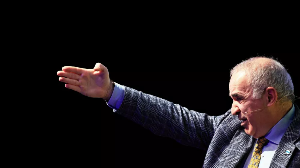 FILE PHOTO: Russian former world chess champion Garry Kasparov speaks to the audience at the Mobile World Congress (MWC) in Barcelona, Spain March 3, 2025. REUTERS/Nacho Doce/File Photo
