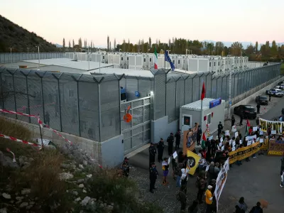 A general view of the migrant detention camp as activists from Italy, Albania, and other European countries protest in Gjader, Albania, November 1, 2025. REUTERS/Florion Goga