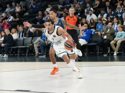 ISTANBUL, TURKEY - SEPTEMBER 29: Matthew Strazel 32 of Anadolu Efes Istanbul and Facundo Campazzo 7 of Real Madrid in action during the EuroLeague Regular Season Round 2 match between Anadolu Efes Istanbul and Real Madrid at Turkcell Basketball Development Center, on September 29, 2026, in Istanbul, Turkey. Photo by Istanbul Turkey Istanbul Turkey Copyright: xx AEfes-RMadrid-290926 47,Image: 1139269890, License: Rights-managed, Restrictions:, Model Release: no 