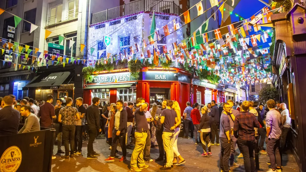 Dublin, Ireland - June 2020: Nightlife in Temple Bar area