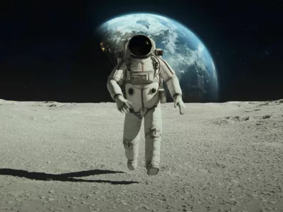 Earth Planet as seen from Moon surface. The surface of Moon, strewn with small rocks and sand. Flight over Moon craters. Lunar outpost in the distance. Apollo Mission inspired. Following Shot of Brave Astronaut in Space Suit Confidently Walking on the Moon Surface. Space Planet as viewed from Moon surface. The surface of the moon, strewn with small rocks and sand. Flight over Moon craters. Moon surface, Desert, Cliffs, sand. Covered in Rocks. First Astronaut On the Moon Surface. Big Moment for the Human Race. Advanced Technologies, Space Exploration/ Travel, Colonisation Concept. NASA Public Domain Imagery. https://www.solarsystemscope.com/textures/ https://svs.gsfc.nasa.gov/cgi-bin/details.cgi?aid=4720