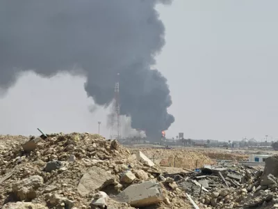 Black smoke and flames rise from an oil facility in an industrial area in southern Riyadh, Saudi Arabia, Saturday, Oct. 3, 2026. (AP Photo)