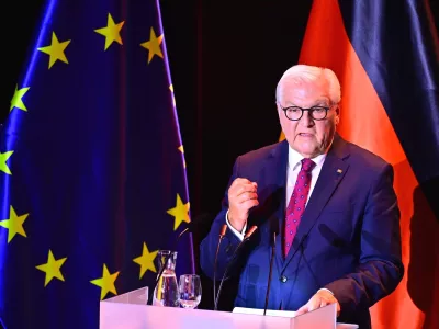 German President Frank-Walter Steinmeier speaks at the ceremony marking German Unity Day at the "Zur Glocke" concert hall in Bremen, Germany, Saturday, Oct. 3, 2026. (Sina Schuldt/DPA via AP, Pool)