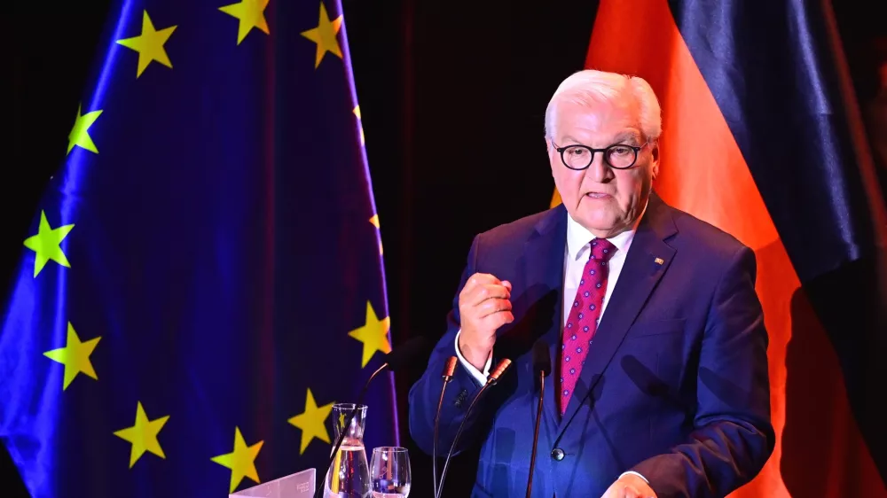 German President Frank-Walter Steinmeier speaks at the ceremony marking German Unity Day at the "Zur Glocke" concert hall in Bremen, Germany, Saturday, Oct. 3, 2026. (Sina Schuldt/DPA via AP, Pool)