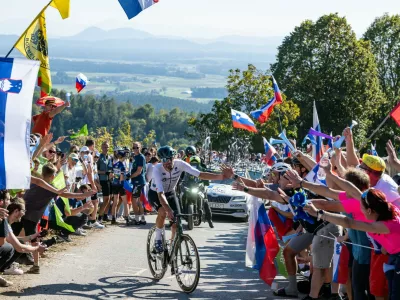 Slovenia's Luka Mezgec is pictured in action during the elite men Road Race race (196,2 km) at the cycling UEC Road European Championships, in Ljubljana, Slovenia Sunday 4 October 2026. The UEC Road European Championships are taking place from 02 to 07 October in Ljubljana, Slovenia.,Image: 1140567787, License: Rights-managed, Restrictions:, Model Release: no 
