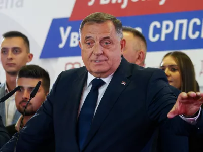 Leader of the Alliance of Independent Social Democrats (SNSD), Milorad Dodik, speaks during a news conference following the publication of general election results, in Banja Luka, Bosnia, Sunday, Oct. 4, 2026. (AP Photo/Radivoje Pavicic)