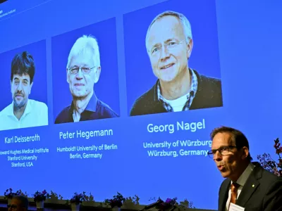 Karl Deisseroth, Peter Hegemann and Georg Nagel are awarded the 2026 Nobel Prize in Physiology or Medicine, as announced during a press conference at the Nobel Forum at Karolinska Institute in Stockholm, Sweden, October 5, 2026. TT News Agency/Pontus Lundahl/via REUTERS   ATTENTION EDITORS - THIS IMAGE WAS PROVIDED BY A THIRD PARTY. SWEDEN OUT. NO COMMERCIAL OR EDITORIAL SALES IN SWEDEN. NO RESALES. NO ARCHIVES.
