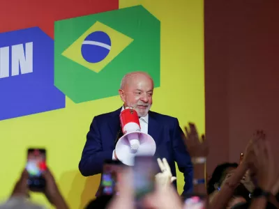 Brazilian President and Workers' Party (PT) candidate for re-election, Luiz Inacio Lula da Silva, speaks after the country's electoral authority said Flavio Bolsonaro will face Lula in the runoff of a presidential election in Sao Paulo, Brazil, October 4, 2026. REUTERS/Amanda Perobelli