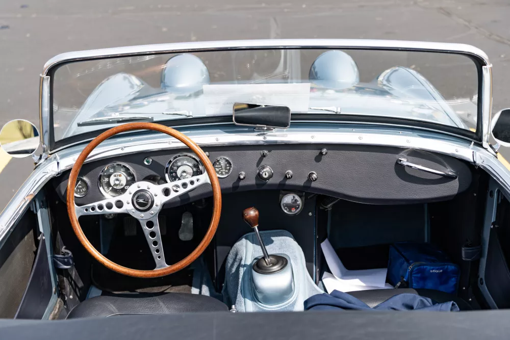 Chicago, Illinois, USA - September 08, 2024: Austin Healey Sprite sportscar retro convertible vehicle, interior view. Retro sportscar. Convertible Austin Healey. Austin Healey car at Chicago