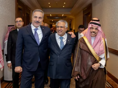 Turkey's Foreign Minister Hakan Fidan, Pakistan's Deputy Prime Minister and Foreign Minister Mohammad Ishaq Dar and Saudi Arabia's Foreign Minister Prince Faisal bin Farhan Al Saud leave after a committee meeting of Mecca defence pact in Riyadh, Saudi Arabia, October 5, 2026. Turkish Foreign Ministry/Handout via REUTERS ATTENTION EDITORS - THIS PICTURE WAS PROVIDED BY A THIRD PARTY. NO RESALES. NO ARCHIVES.    TPX IMAGES OF THE DAY