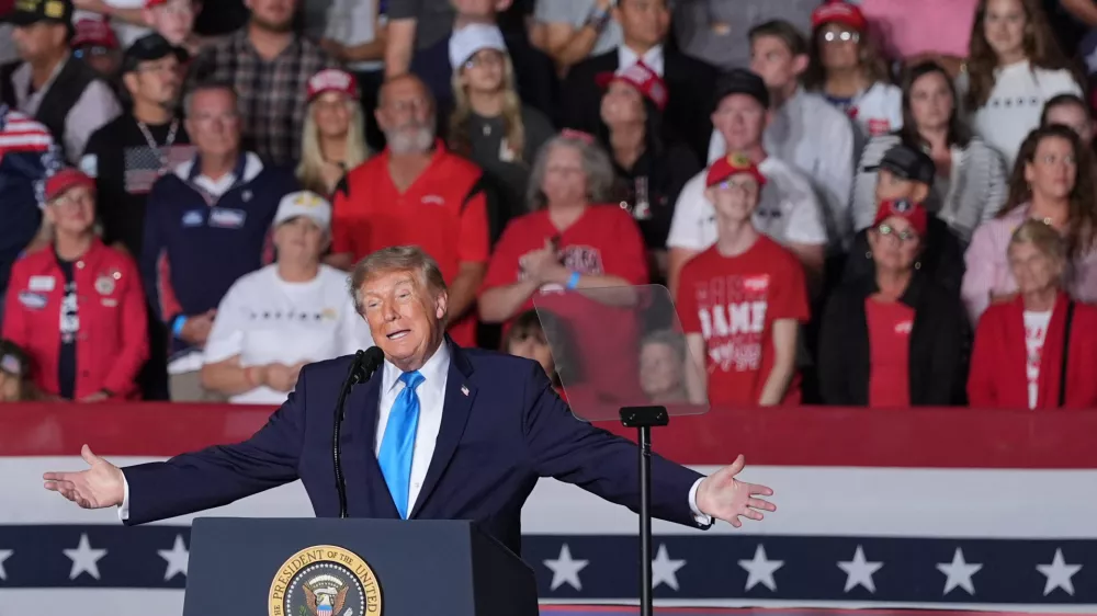 President Donald Trump speaks at a campaign rally at the Pinnacle Bank Expo Center, Monday, Oct. 5, 2026, in Grand Island, Neb. (AP Photo/Alex Brandon)