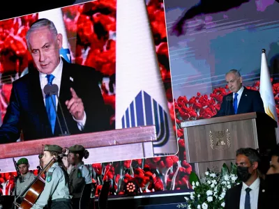 Israeli Prime Minister Benjamin Netanyahu speaks at the State Memorial Ceremony for the three year anniversary of the October 7, 2023, Hamas attack, in remembrance of Israel Defense Forces and security members who fell in the War of Redemption in the Mt. Herzl Cemetery, Jerusalem, on Monday, October 5, 2026. DEBBIE HILL/Pool via REUTERS