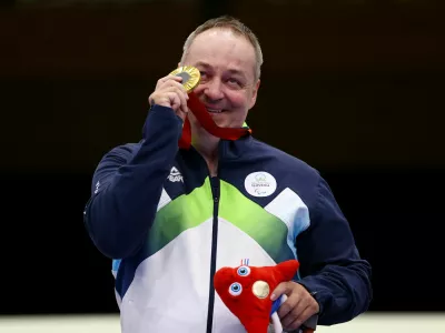 Paris 2024 Paralympics - Shooting - R4 - Mixed 10m Air Rifle Standing SH2 Final - Chateauroux Shooting Centre, Deols, France - August 30, 2024 Gold medallist Francek Gorazd Tirsek of Slovenia celebrates after the final REUTERS/Eng Chin An