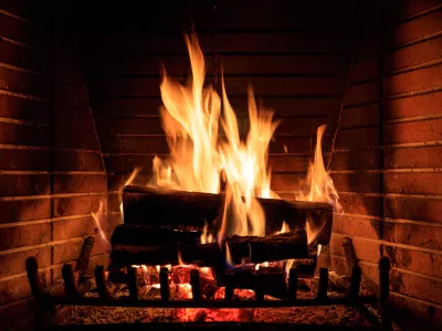 Close up of burning fireplace at home