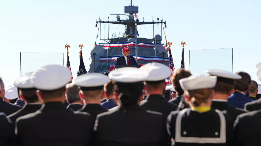 President Donald Trump speaks at an event for Anduril Industries, Inc., at Sparrows Point Shipyard, Tuesday, Oct. 6, 2026, in Sparrows Point, Md. (AP Photo/Julia Demaree Nikhinson)