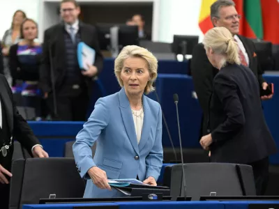 European Commission President Ursula von der Leyen attends a joint debate ahead to the 15-16 October EU summit in Strasbourg, France, Tuesday, Oct. 6, 2026. (AP Photo/Pascal Bastien)