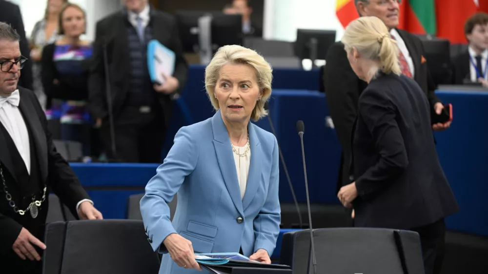 European Commission President Ursula von der Leyen attends a joint debate ahead to the 15-16 October EU summit in Strasbourg, France, Tuesday, Oct. 6, 2026. (AP Photo/Pascal Bastien)