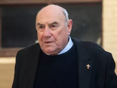 Former Bishop of Broome Christopher Alan Saunders arrives at the West Australian District Court in Perth, Australia, on Aug. 11, 2026.&nbsp;(Aaron Bunch/AAP Image via AP)