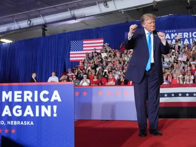 President Donald Trump dance at a campaign rally at the Pinnacle Bank Expo Center, Monday, Oct. 5, 2026, in Grand Island, Neb. (AP Photo/Alex Brandon)