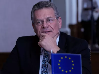 FILE -The European Commissioner for Trade and Economic Security Maros Sefcovic speaks during an interview in Asuncion, Paraguay, Jan. 17, 2026. (AP Photos/Jorge Saenz, File)