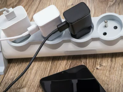 Smartphone, mobile phone and chargers connected to electrical power strip. Various devices charging concept. Smartphone and chargers connected to electrical power strip. Various devices charging concept,Image: 1129613115, License: Royalty-free, Restrictions:, Model Release: no 
