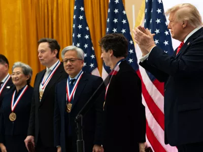 President Donald Trump, from right, applauds after presenting the National Medal of Science to Google co-Founder Sergey Brin, Nvidia CEO Jensen Huang, Elon Musk, Lisa Su, CEO of Advanced Micro Devices, and the National Medal of Technology and Innovation to Dell CEO Michael Dell at the U.S. Institute of Peace, Thursday, Oct. 8, 2026, in Washington. (AP Photo/Julia Demaree Nikhinson)