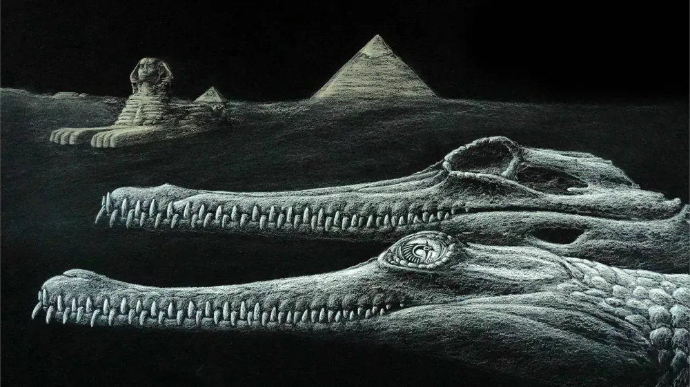 Na umetni&scaron;ki upodobitvi sta v ospredju prazgodovinska krokodila, v ozadju pa znamenita egiptovska sfinga in piramide. Krokodil Herugavialis cairensis je živel pred približno 45 milijoni let, sfinga pa je nastala &scaron;ele mnogo pozneje. / Foto: Ilustracija: Karim Zanaty 