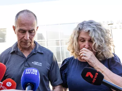 Debra and Martin Robinson, parents of Australian brothers Callum and Jake Robinson, pause during a news conference after the trial of the men accused of murdering the brothers and an American friend, in Ensenada, Mexico, Friday, Oct. 9, 2026. (AP Photo/Karen Castaneda)