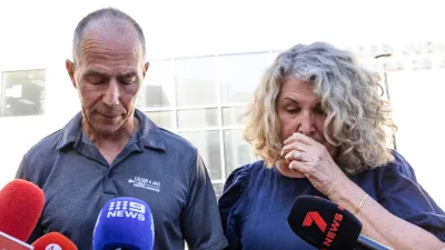 Debra and Martin Robinson, parents of Australian brothers Callum and Jake Robinson, pause during a news conference after the trial of the men accused of murdering the brothers and an American friend, in Ensenada, Mexico, Friday, Oct. 9, 2026. (AP Photo/Karen Castaneda)