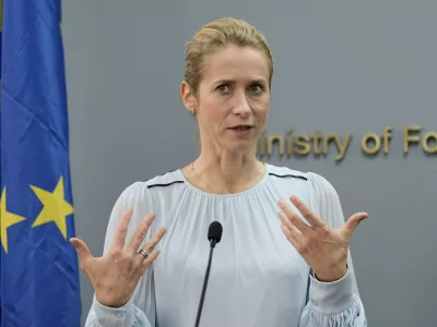 European Union foreign policy chief Kaja Kallas speaks during a joint news conference with Lebanese Foreign Minister Youssef Rajji in Beirut, Lebanon, Thursday, Oct. 8, 2026. (AP Photo/Bilal Hussein)