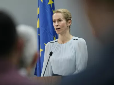 European Union foreign policy chief Kaja Kallas speaks during a joint news conference with Lebanese Foreign Minister Youssef Rajji in Beirut, Lebanon, Thursday, Oct. 8, 2026. (AP Photo/Bilal Hussein)