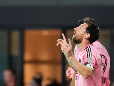Inter Miami forward Lionel Messi reacts after scoring his side's third goal during the second half of an MLS soccer match against D.C. United, Saturday, Oct. 10, 2026, in Miami. (AP Photo/Rebecca Blackwell)